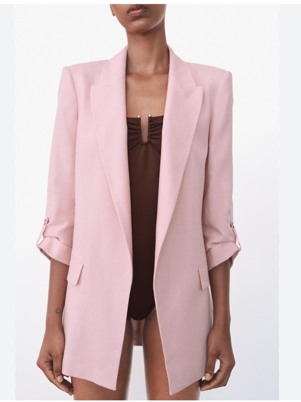 Zara Open Front Oversized Linen Blazer in Pink